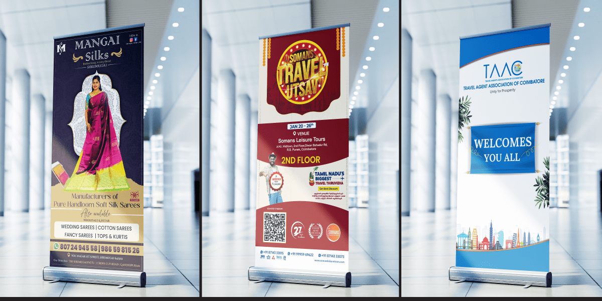 eading roll-up standee manufacturer in Coimbatore. We design and print premium and standard roll-up banners for events, exhibitions, retail stores, and product promotions across Tamil Nadu.
